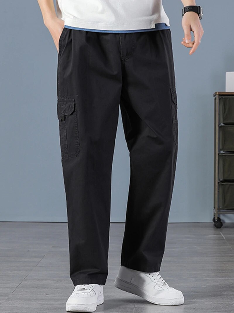 Mens Fashion Cargo Pants - 남성용 100% 코튼 스트레이트 블랙 조거