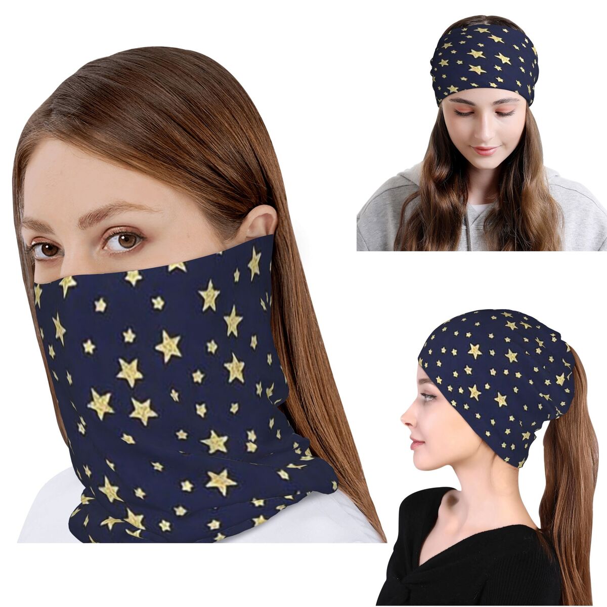Beanie Winter Hat - 네이비 블루 하늘과 별 프린트 반다나