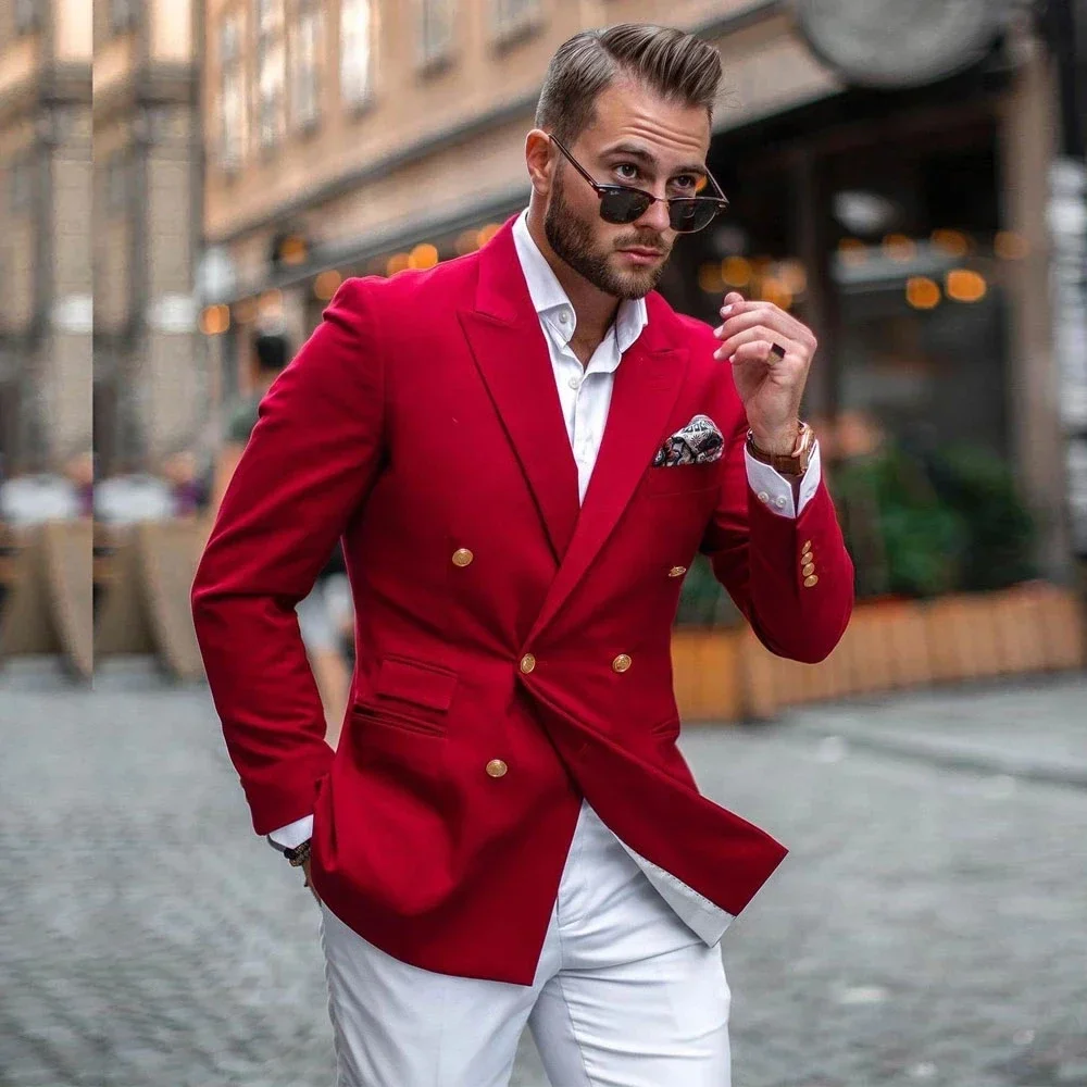 Mens Fashion Blazer - 레드 자켓 화이트 팬츠 더블 브레스티드